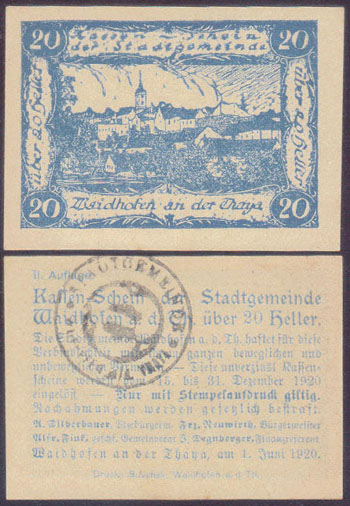 1920 Austria Notgeld 20 Heller (Waidhofen) L000044